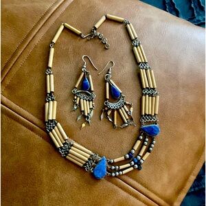 Handcrafted lapis and wood beaded set.